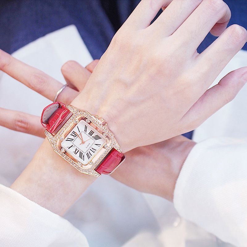Women Diamond Watch Starry Square Dial Bracelet Watches Ladies Leather