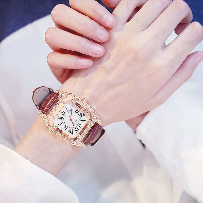 Women Diamond Watch Starry Square Dial Bracelet Watches Ladies Leather