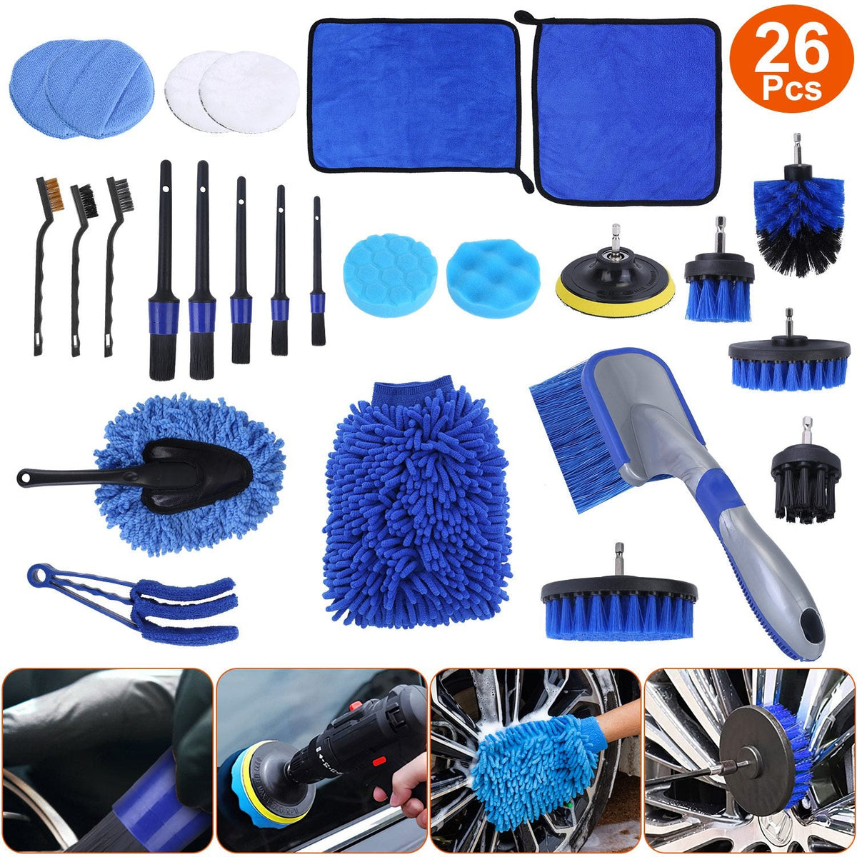 26Pcs Car Detailing Brush Kit Exterior Interior Car Cleaning Set Drill
